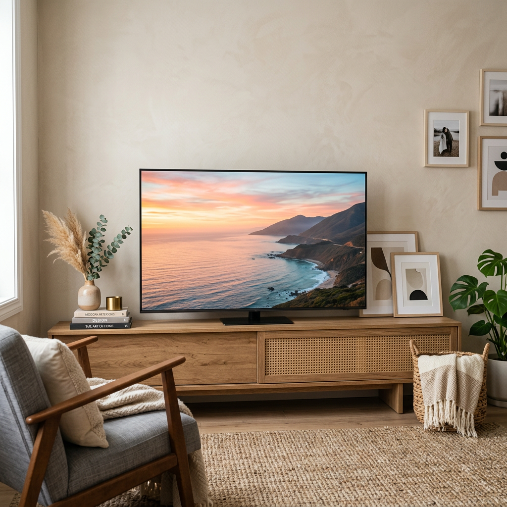 Living room with coastal sunset television, wood console, plants, and framed art